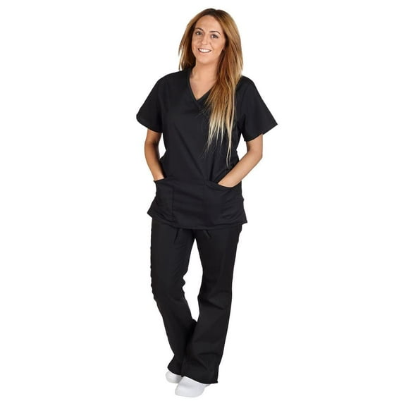 ACTIVE UNIFORMS Women Mock Wrap/Flare Pant Set Medical Scrub Set (Black, X-Small)