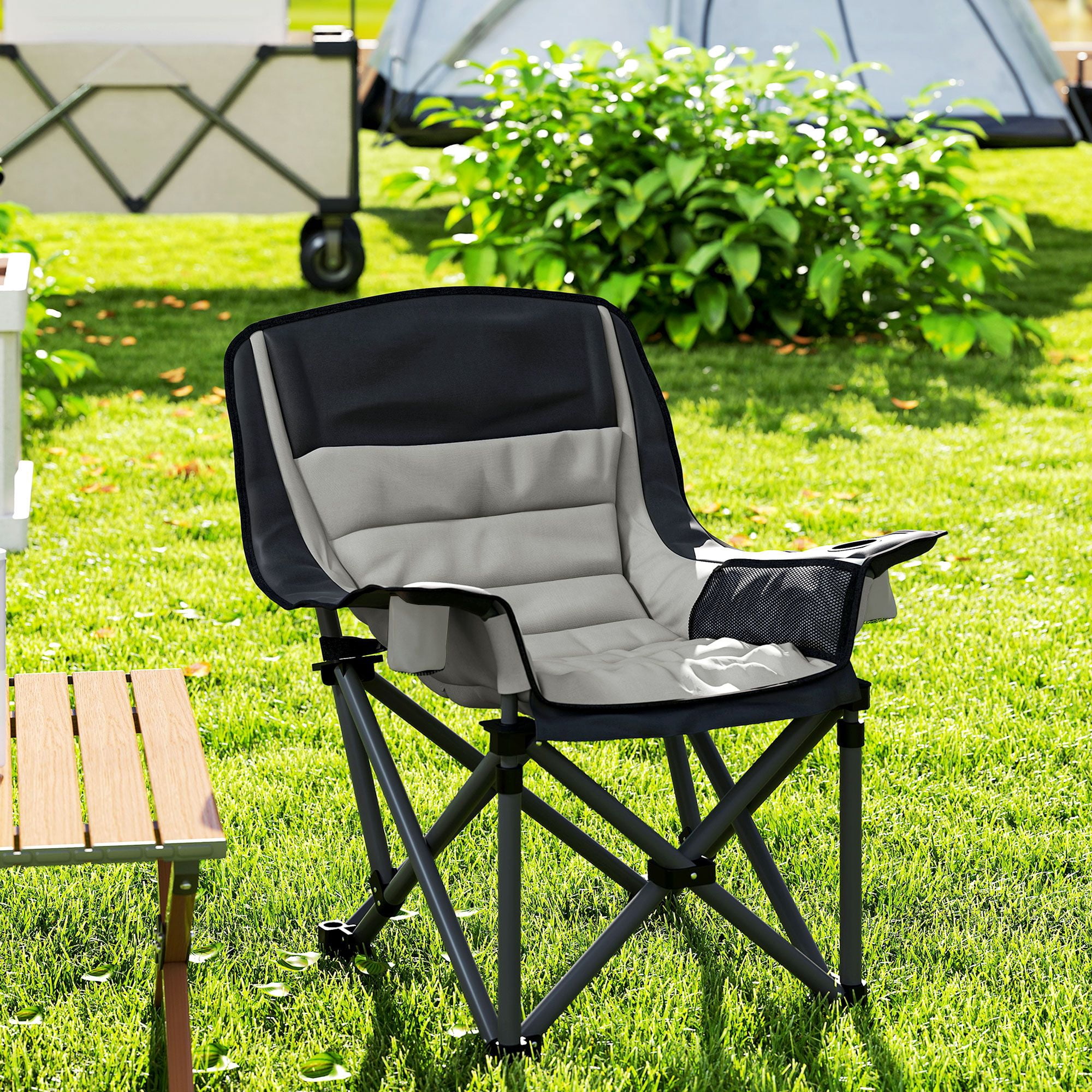 Padded Folding Camping Chair with Side Pockets & 2 Cup Holders, 600D Oxford Heavy Duty Metal Frame Portable Lawn Fishing Chair 265lbs Capacity with Carry Bag