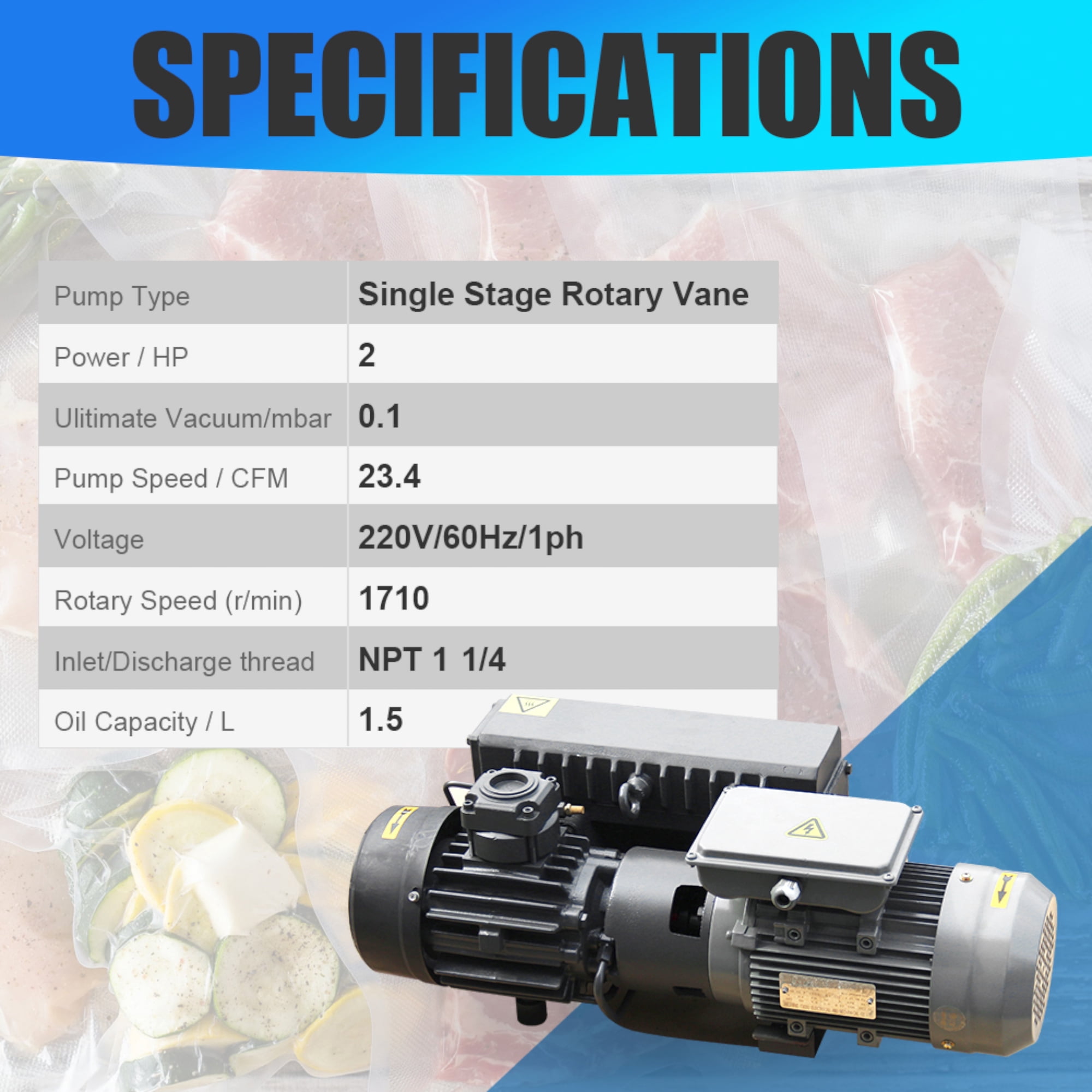 HPDMC 2HP Rotary Vane Vacuum Pump - 23.4 CFM, 220V/60Hz 1-Phase, Oil Sealed Pump with NPT 1/4" Port