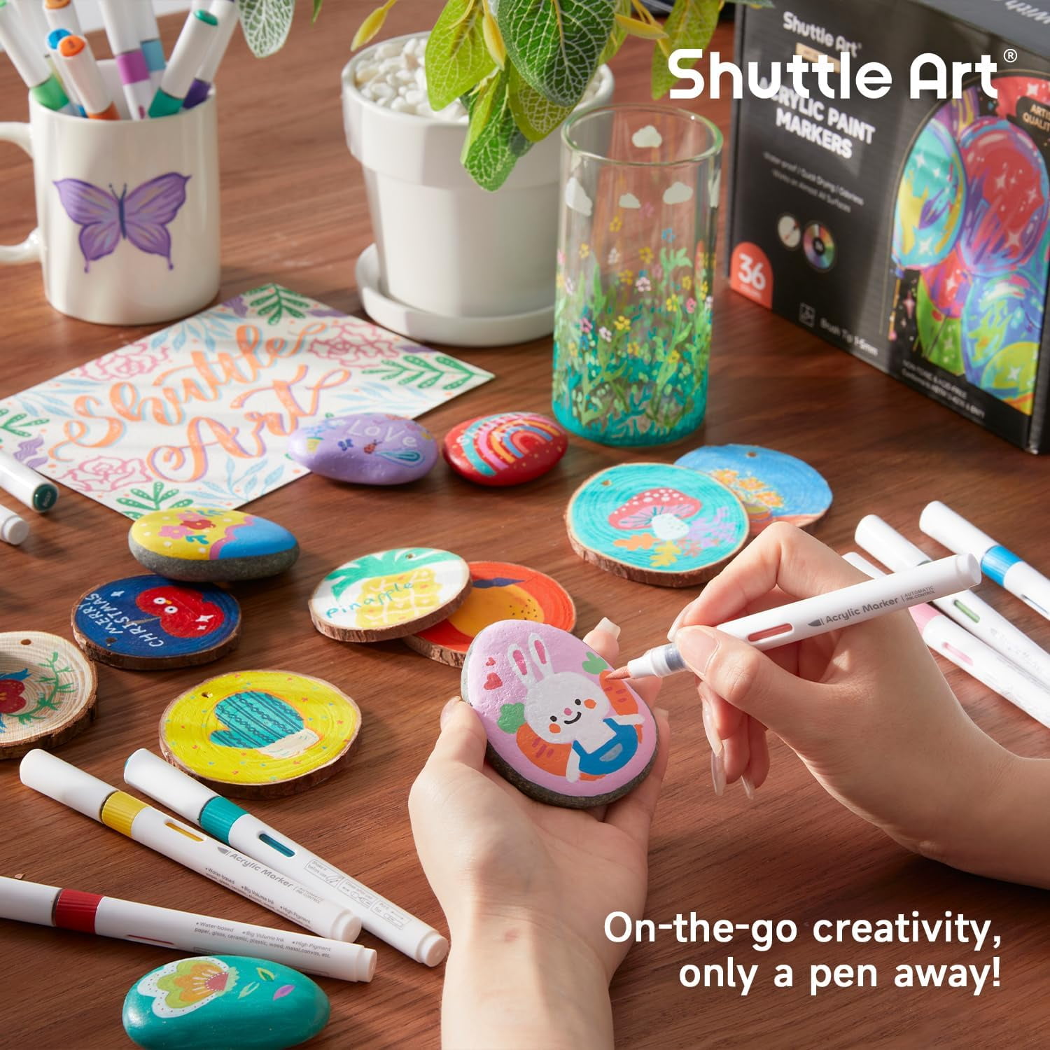 Shuttle Art Automatic Ink Control Acrylic Paint Markers, 36 Colors Brush Tip Acrylic Paint Pens for Rock Painting, Ceramic, Wood, Canvas, Glass, Stone, Fabric, Card Making, DIY & Art Supplies