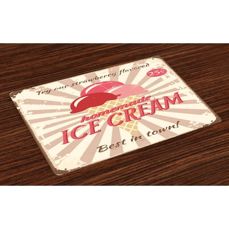 Ice Cream Placemats Set of 4 Vintage Style Sign with Homemade Ice Cream Best in Town Quote Print, Washable Fabric Place Mats for Dining Room Kitchen Table Decor,Red Coral Cream Tan, by (Best Place For Spray Tan)
