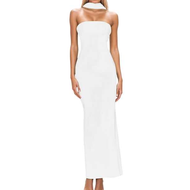 Vestido largo con espalda abierta y abertura alta en línea A para mujer - con pañuelo/lazo, poliéster spandex, para fiestas/discotecas, tallas S-XL