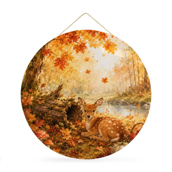 Welcome Sign for Front Door, Fall Deer Round Metal Wall Art Wreaths, Retro Country Wildlife Maple Pumpkins Outdoor Indoor Wall Hanging Sign for Porch Decor Housewarming Gifts 11.8 Inch