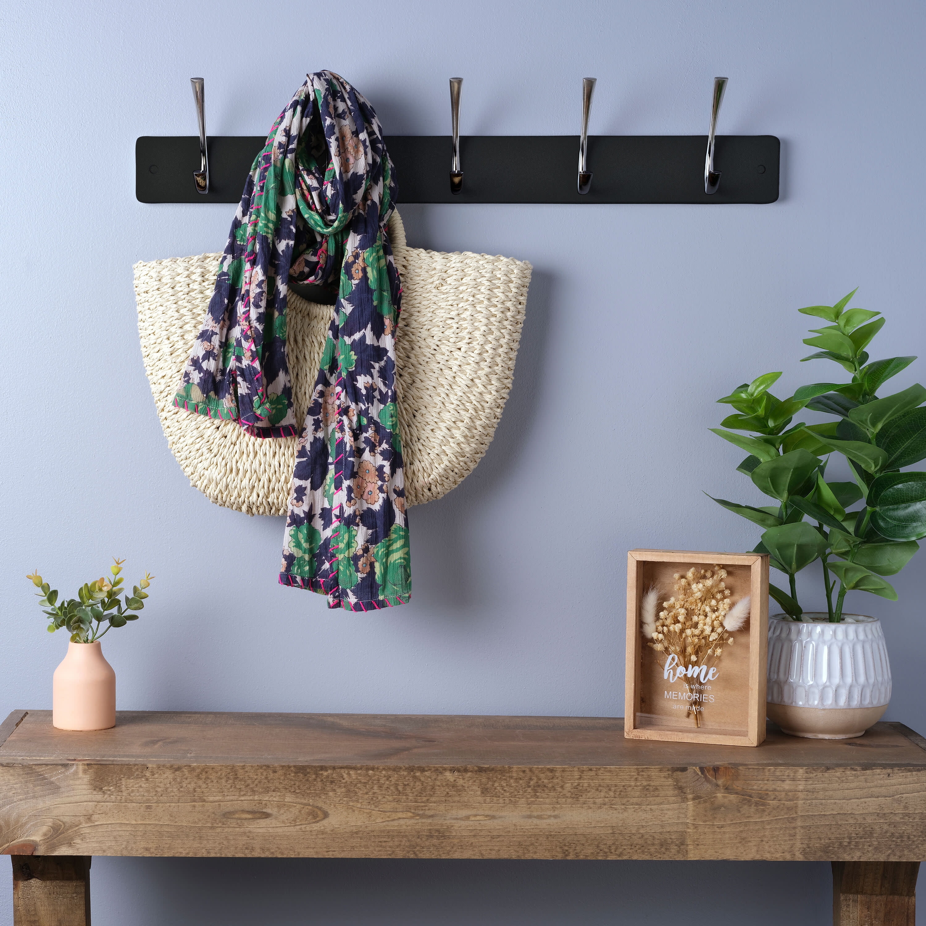 Melannco 27X5 Inch Wall Mount MDF Coat Rack With 5 Silver Metal  Hooks Black