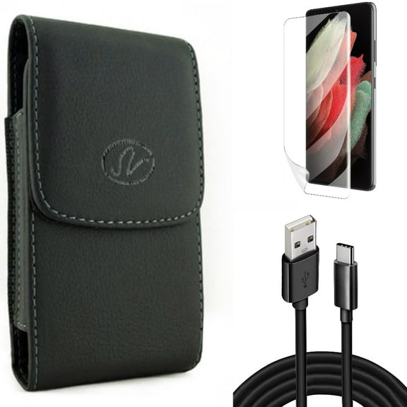 Case Belt Clip & Matte Screen Protector & 10ft USB Cable for Samsung Galaxy S22 Plus (S22 ) - Combo Leather Holster Cover & TPU Film Anti-Glare & Type-C Charger Cord Power