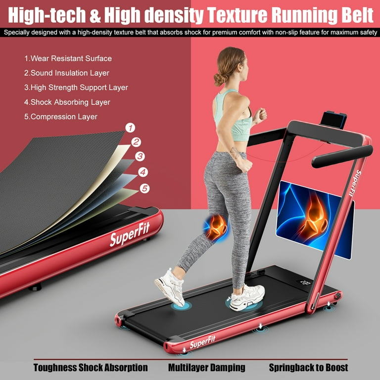 SuperFit Up To 7.5MPH 2.25HP 2 in 1 Single Display Screen Folding Treadmill  Remote Control W/ APP Control Speaker Red