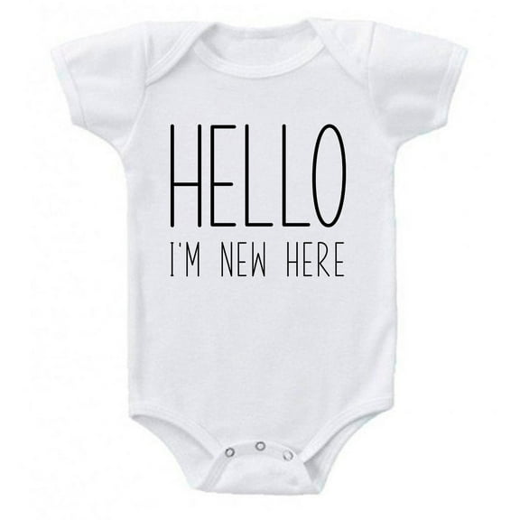 Ink Trendz HELLO I'M NEW HERE Baby Reveal Going Home Announcement Baby Romper Bodysuit (White, Newborn)