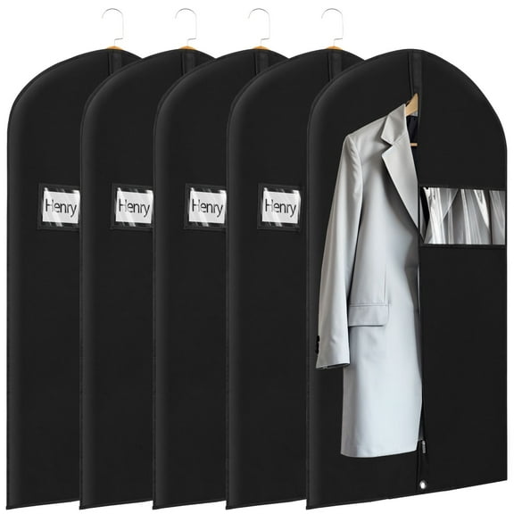 Mber 5-Pack 47" Garment Bags For Travel, Slim Zipper Suit Bag Travel, Garment Bags For Hanging Clothes with Clear Card Slot, Black