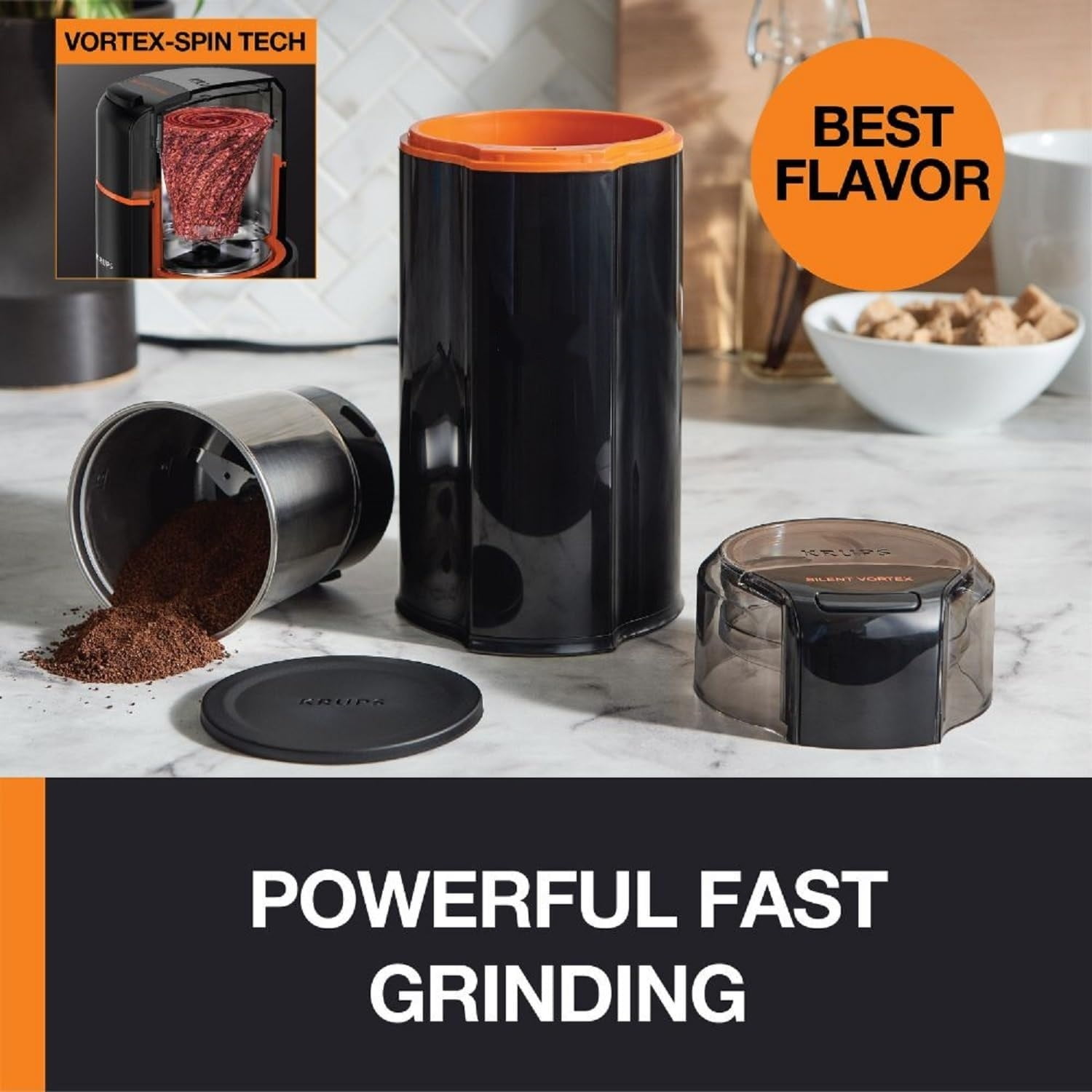 Silent Vortex Electric Coffee Grinder: 3 oz Capacity, 5x Quieter, 175W Motor for Coffee Beans, Spices & Herbs - Removable Dishwasher-Safe Bowl, 12-Cup Yield, Black