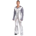 thumbnail image 3 of iiniim Men Shiny Metallic Jumpsuits 70s Disco Dance Leotards Stage Performance Costume Wide Leg Rompers Silver S, 3 of 7