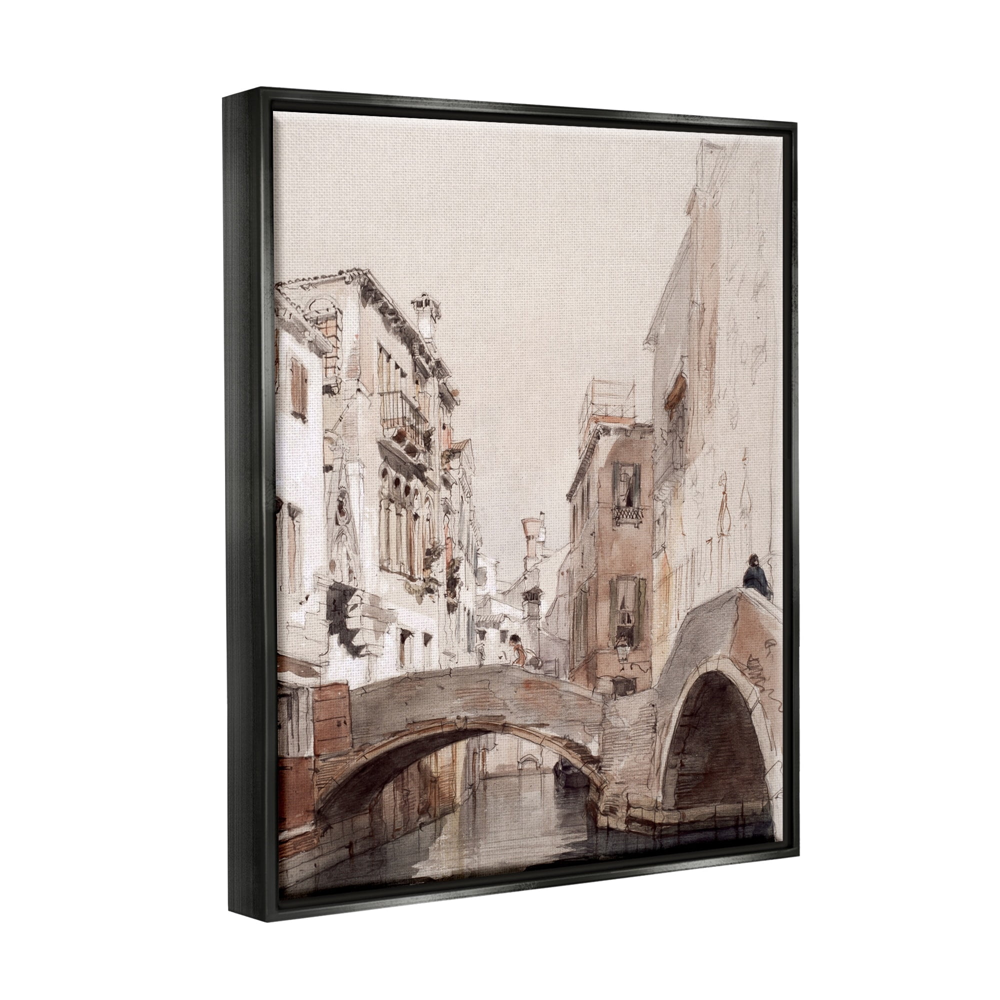 Stupell Industries Arched Bridge Over Canal Quaint Town Buildings Painting Jet Black Floating Framed Canvas Print Wall Art, Design by Lettered and Lined