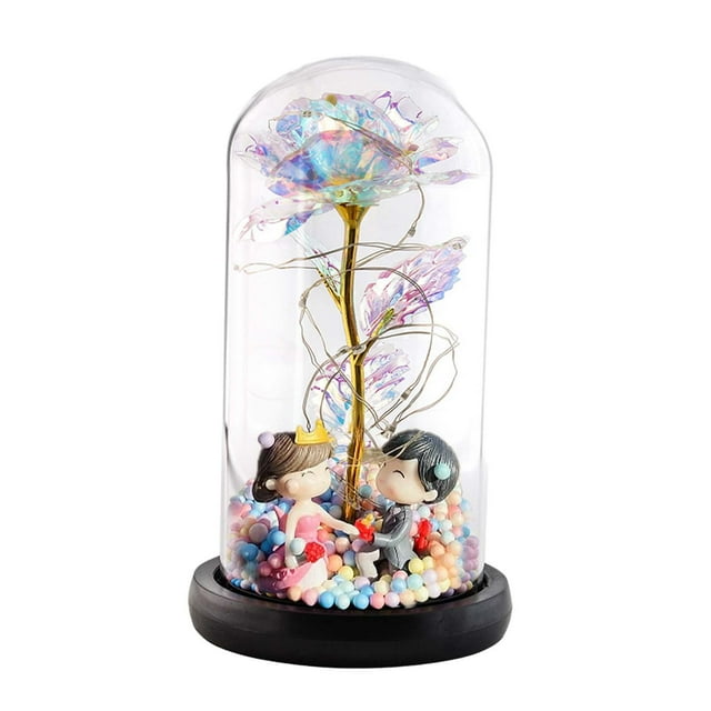 Regalos de flores de rosas para mujeres,Regalos de cumpleaños,Regalo ,Flor artificial colorida del arco iris Rosa iluminada en cúpula de vidrio , Propuesta