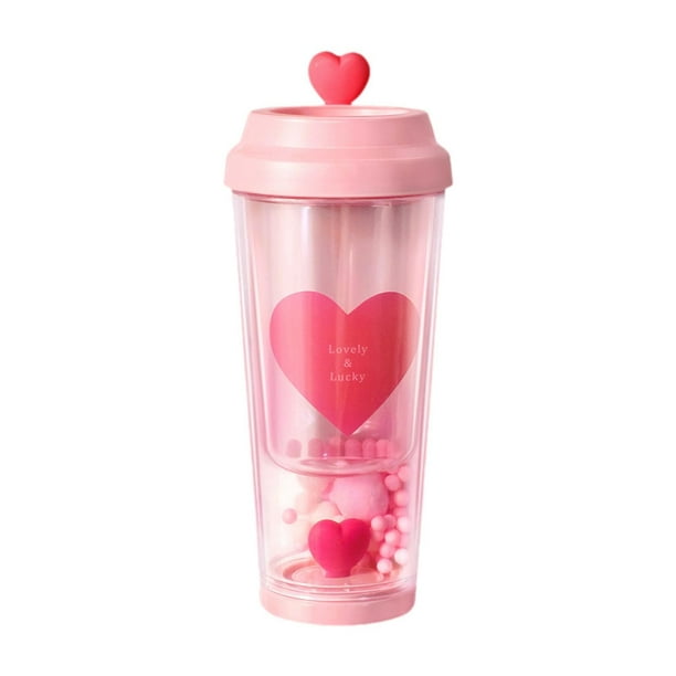 Botella de agua con forma de corazón, reutilizable, moderna, de doble capa, bonita taza para niña, botella de té portátil para fitness, senderismo, rosa