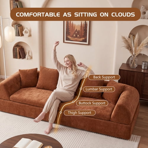 Howcool 104" Cloud Modular Sectional Sofa with Ottoman, Boneless Deep Fluffy Seat Couch, No Assembly Required for Living Room and Bedroom, Orange