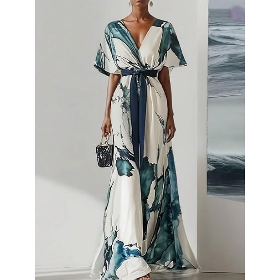 Teal Blue Womens Wrap Maxi Dress With Belt, V-Neck Short Sleeve Flowy Floral Print Evening Gown