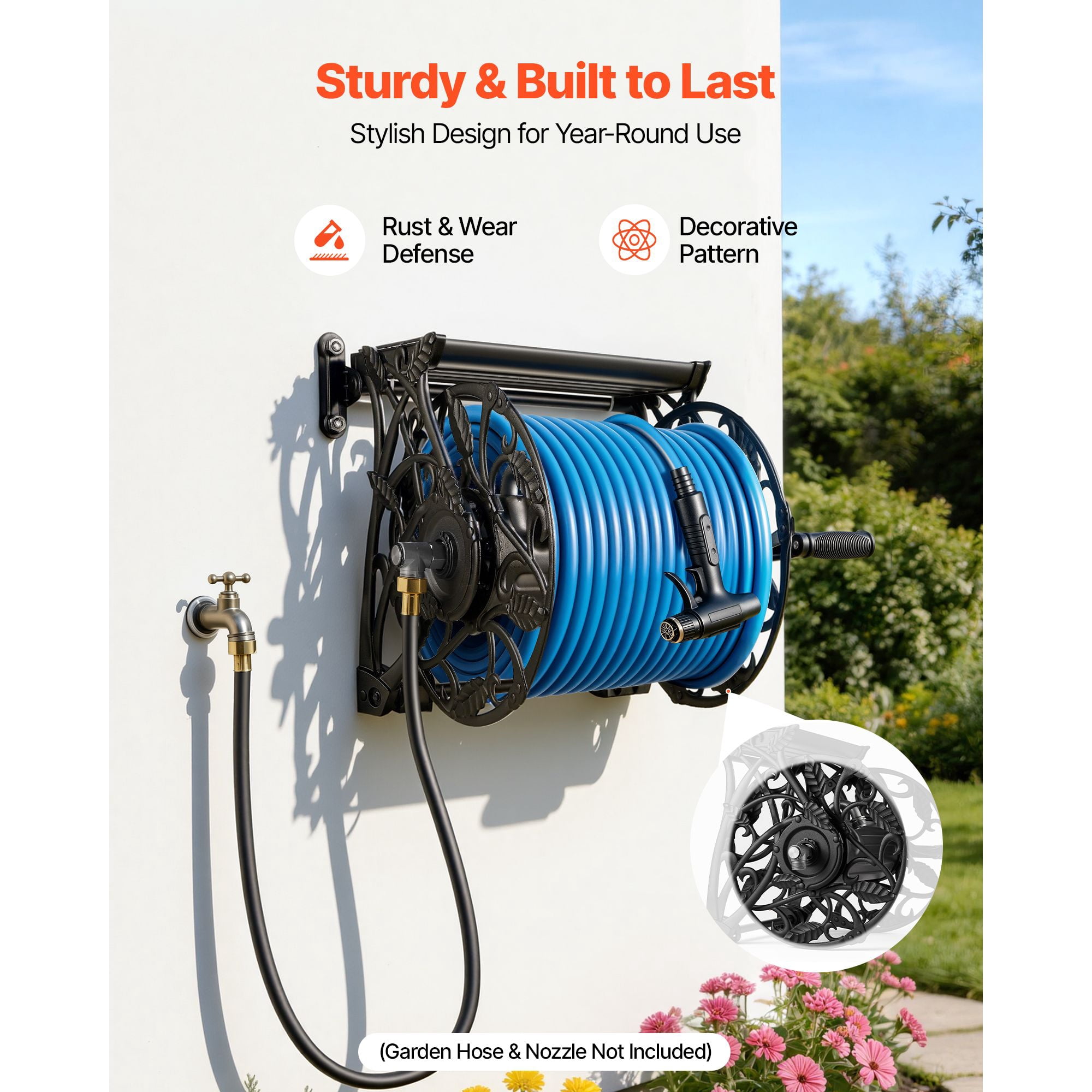 Wall Mount Garden Hose Reel 135ft 5/8 Inch Heavy  Aluminum Water Hose Holder with Storage Tray Decorative Outdoor Backyard
