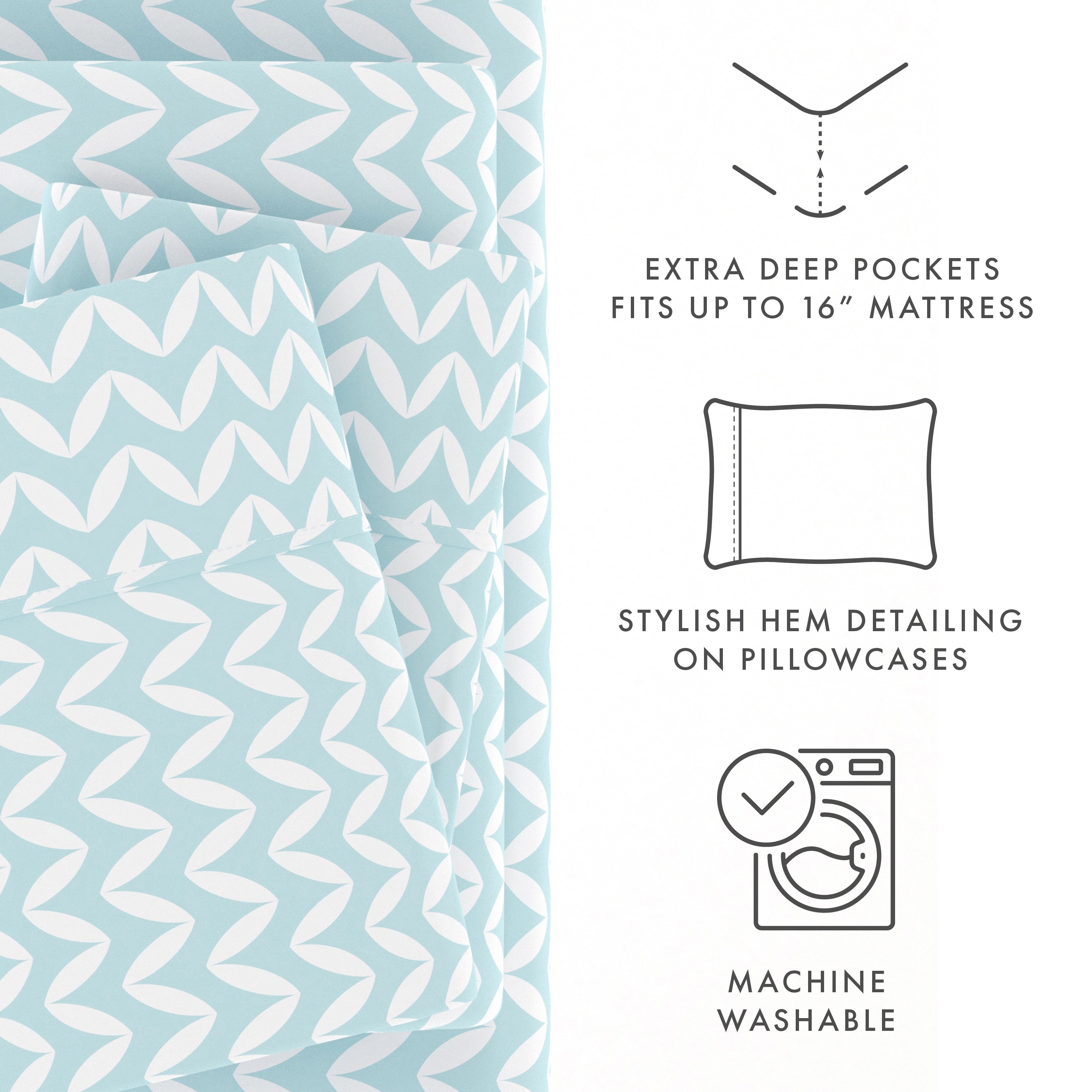 Noble Linens 4 Piece Pattern Microfiber Bed Sheets Set, Light Blue Puffed Chevron, Full