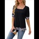 thumbnail image 3 of Camiseta de Verano para Mujer, Estilo Casual, de Corta y Cuello Cuadrado, Holgada, con Estampado de Vaca y Bloques de Color. Negro S, 3 of 9