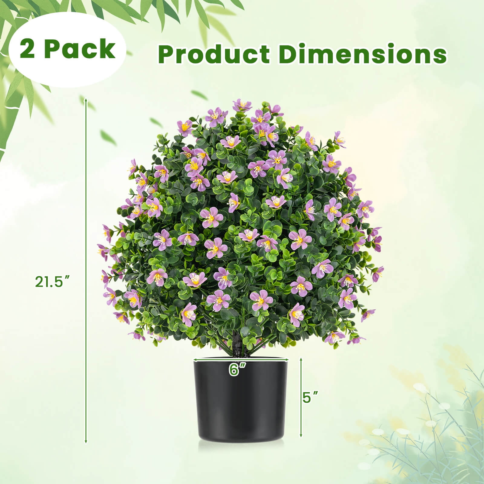 Costway 2 Pack Artificial Boxwood Topiary Ball Tree Faux Shrub Bushes with Flowers Purple
