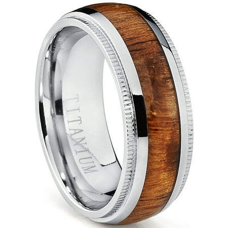 Titanium Wedding Band, Engagement Ring with Real Hawaiian Koa Rosewood Inlay, 8mm comfort