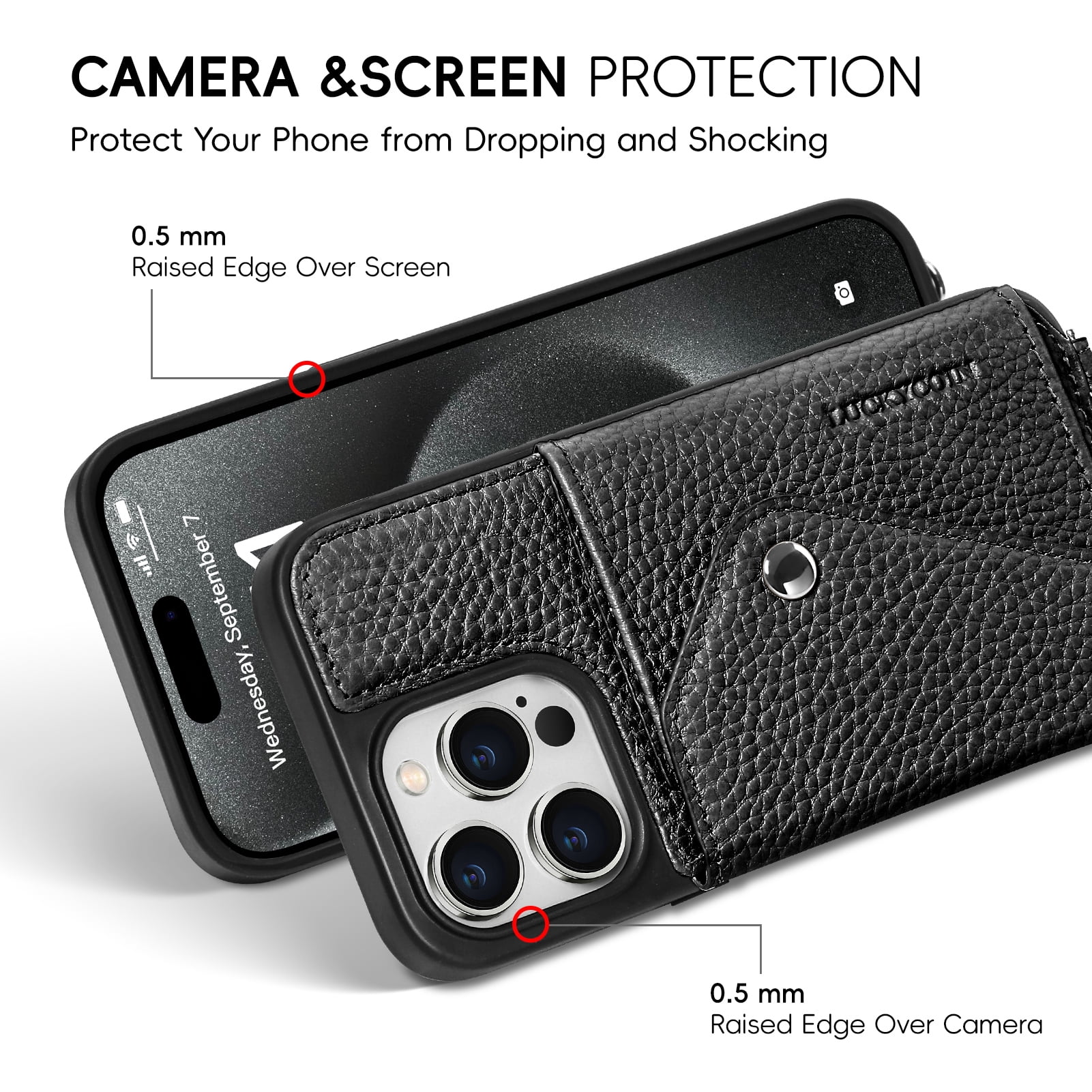 Handmade Genuine Leather Crossbody Wallet Phone Case for Apple iPhone 15 Pro 6.1-Inch,with Strap and Flip Wallet Card Holder,Shockproof Durable Scratch Protective