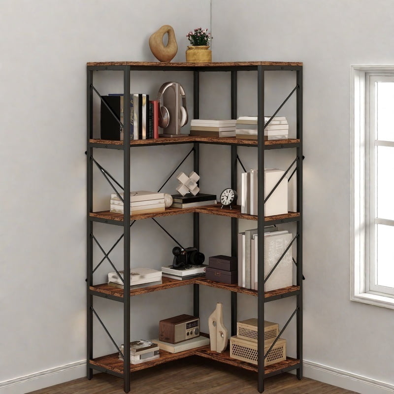 Uforic 5-Tier Corner Bookshelf, Corner Shelf Display Bookcase with Metal Frame for Home Office, Brown