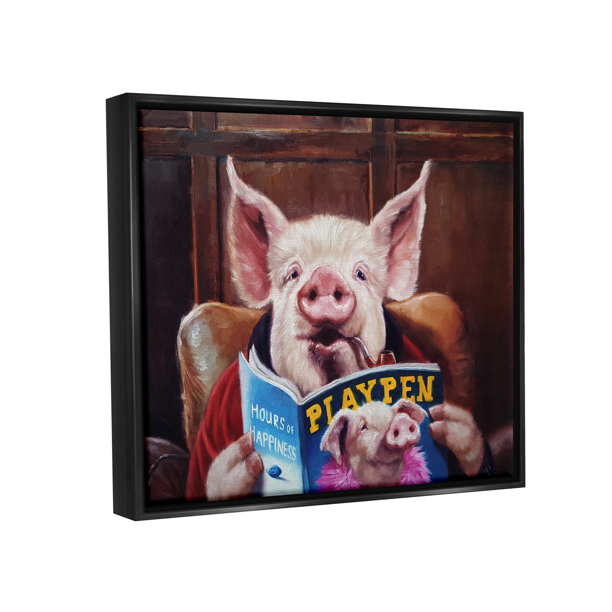 Stupell Funny Pig Magazine Man Cave Animals & Insects Painting Black Floater Framed Art Print Wall Art
