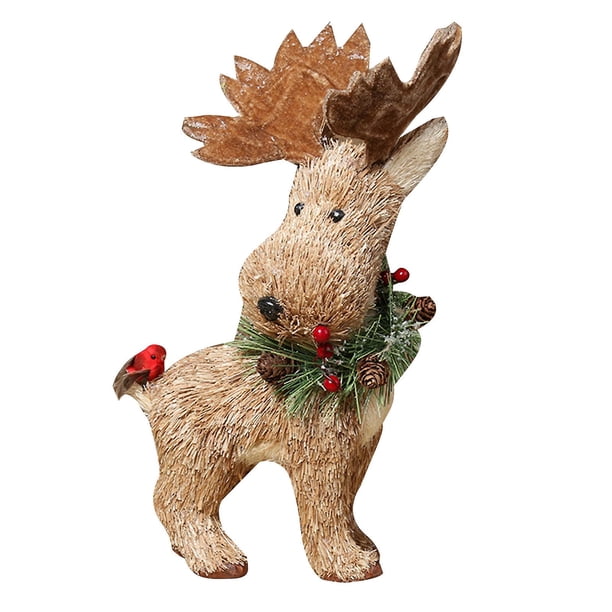 Adorno de alce de paja artificial de Navidad, hecho a mano, giro para cabeza, reno, animal del bosque para muñecas, figuritas de pie, decoración de escritorio para el hogar, fiesta