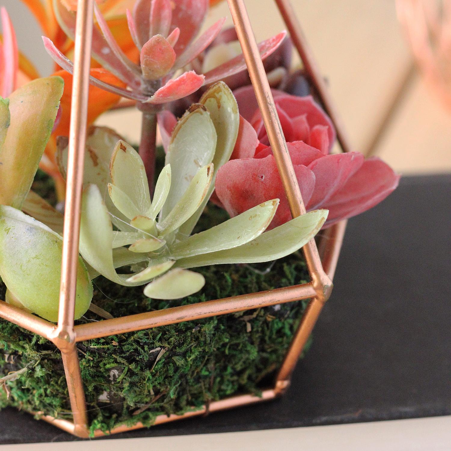 Northlight 9" Artificial Plant Succulents Arrangement in 6-Sided Copper Metal Wire Frame