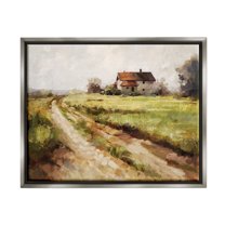 Stupell Industries Country Path to Barn Landscape Painting Gray Floater Framed Canvas Art Print Wall Art, 31 x 25