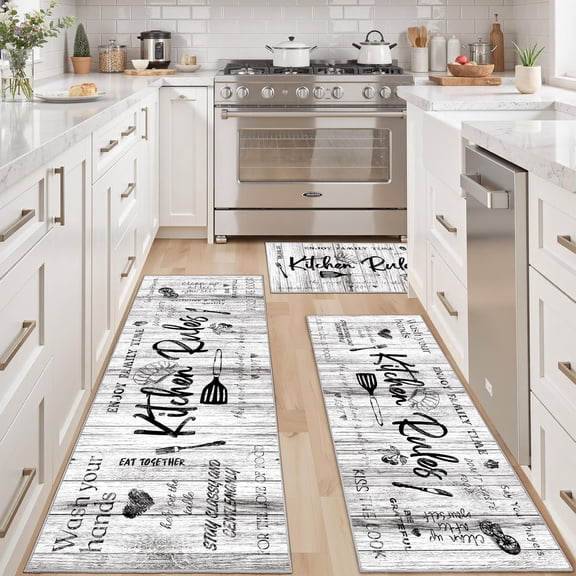 100% Non Slip 3 Piece Kitchen Rugs Set with Runner, Farmhouse Washable Kitchen Mats for Floor, Ultra Soft Kitchen Floor Mats Carpet Runner Rugs for Sink, Entryway, Laundry Room, Gray White