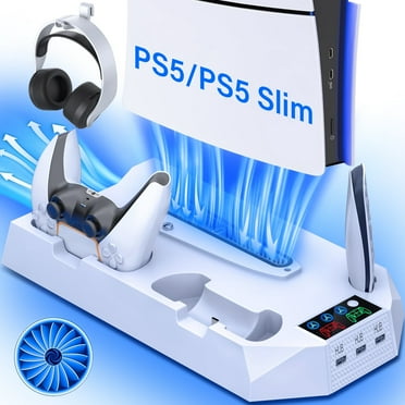 ZRZLMVP PS5 Stand Cooling Station with Dual Controller Charging Station for PS5 Pro, PS5 Slim, PS5 Standard, PS5 Digital,3 Levels Adjustable Fan/3 USB Hubs,White