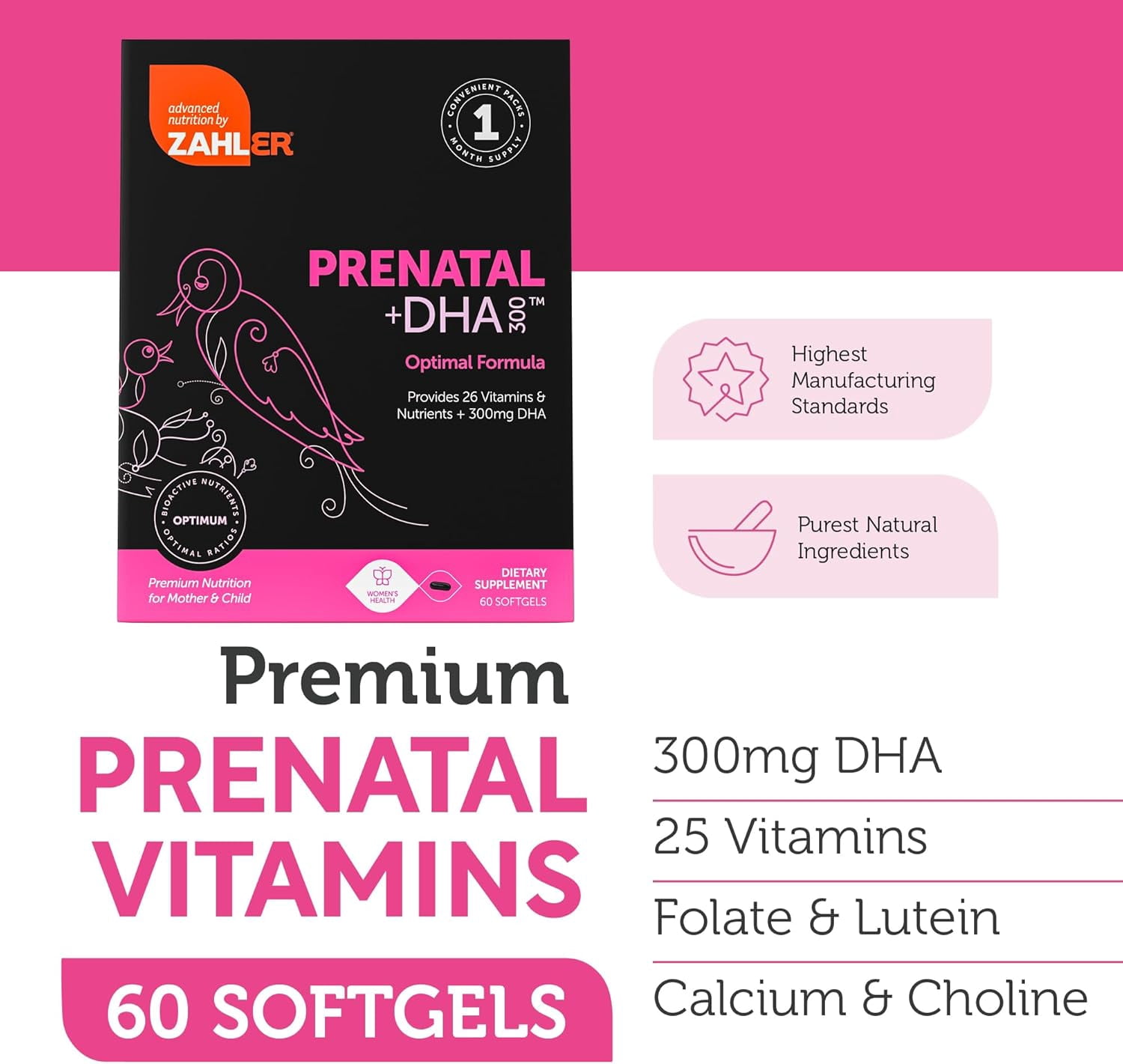 Zahler Prenatal DHA Prenatal Vitamins for Women with DHA & Folate, 60 Unflavored Softgels