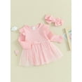 thumbnail image 3 of Wassery Baby Girl Rompers Dress Infant Girl Long Sleeve Round Neck Ribbed Tulle Bodysuit Headband 6M 12M 18M 24M Newborn Girl Fall Sweet Clothes, 3 of 9