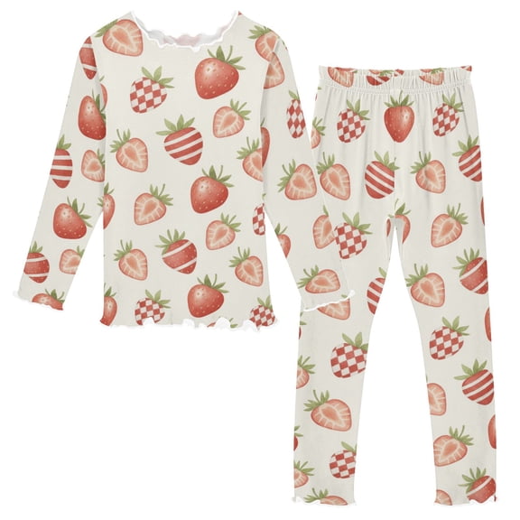 Girls Pajama Set with Long Sleeve Shirt and Pants Soft Thermal Sleepwear Striped Strawberry Pattern 2T