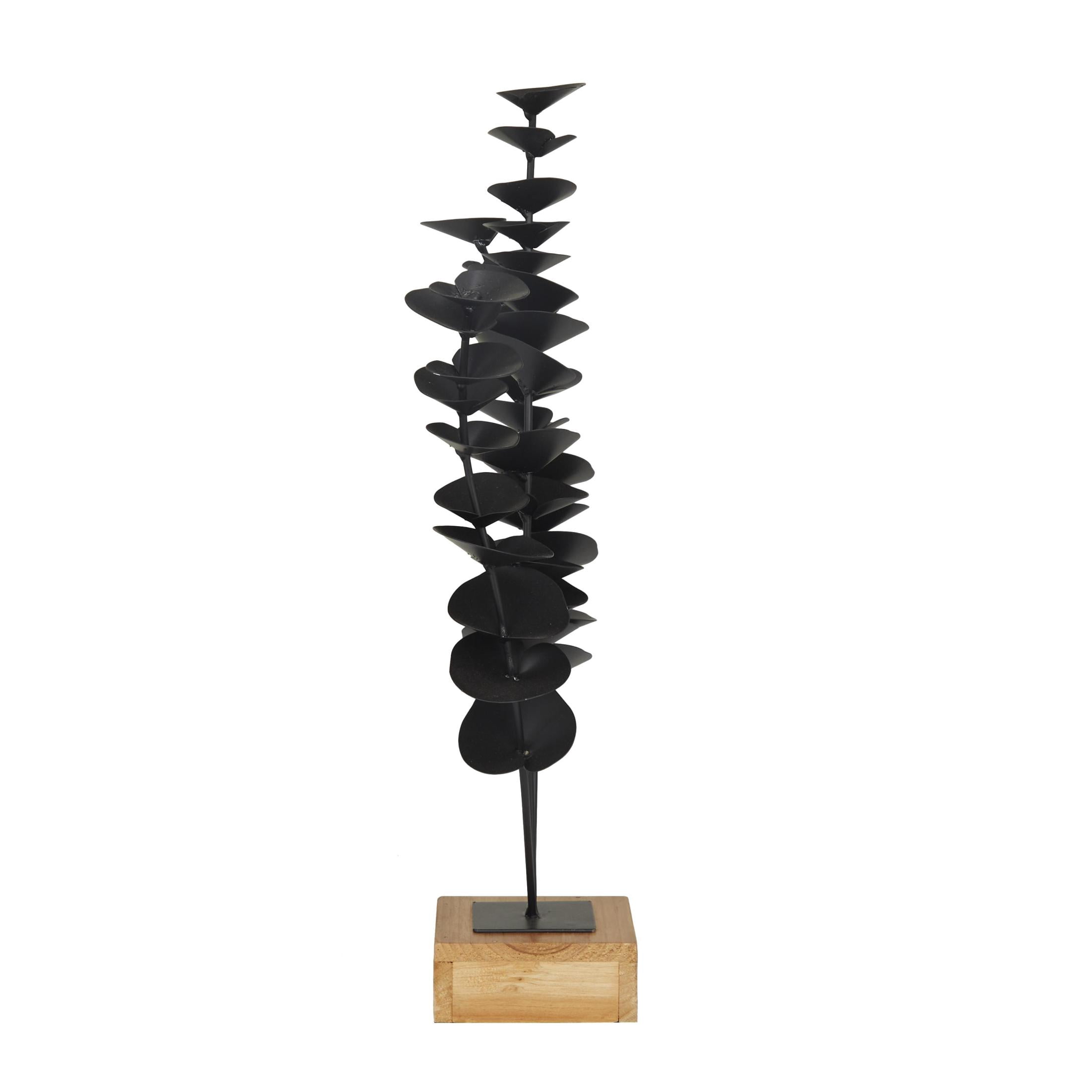 9" x 18" Black Metal Leaf Sculpture with Wood Base, by DecMode