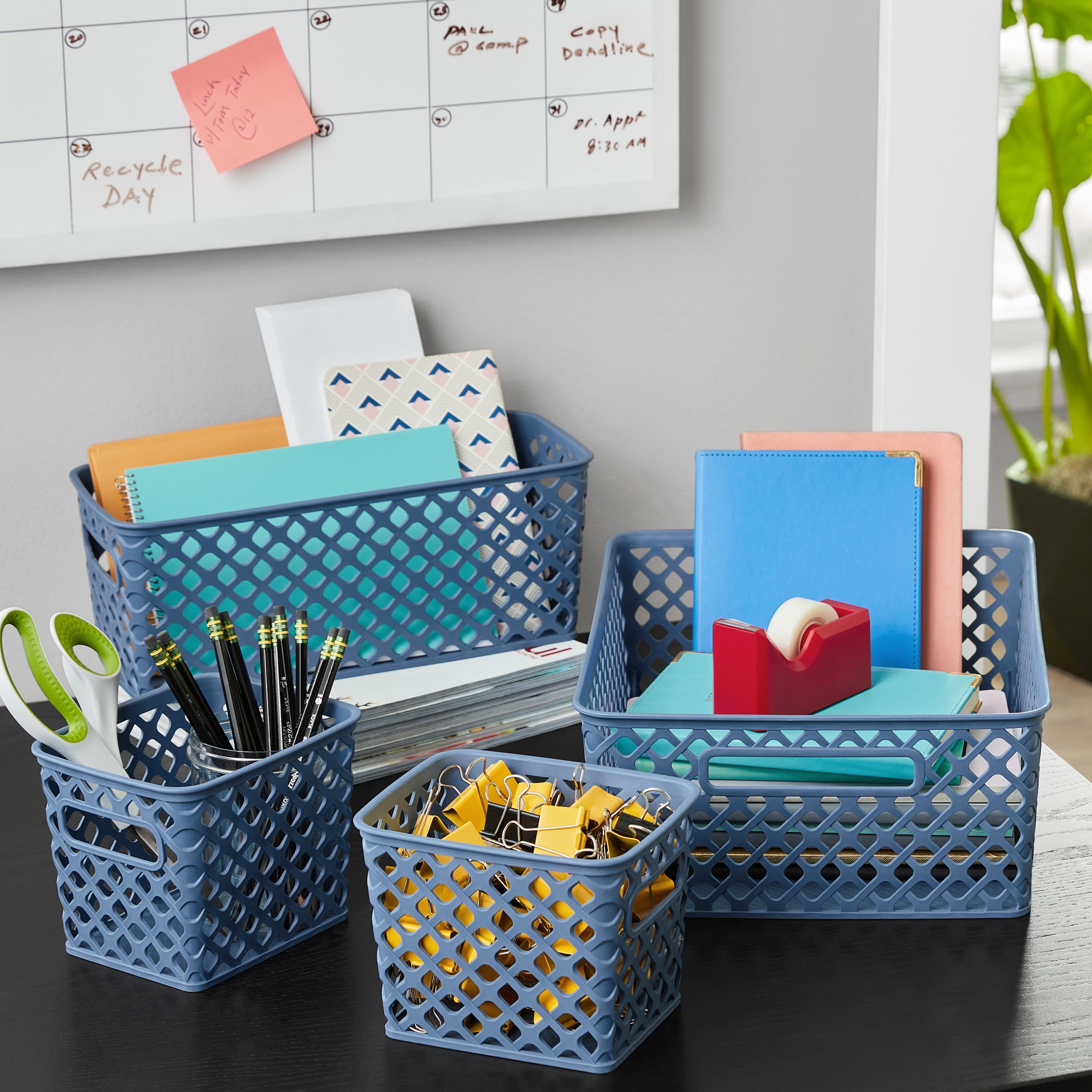 (2 pack) Mainstays 4-Piece Blue Decorative Plastic Storage Basket Set, 14 in x 11.6 in x 5.3 in