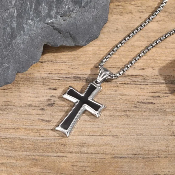14K White Gold Cross Necklace for Men,Waterproof Black Pendant Necklace,Trendy Stylish Jewelry Gifts
