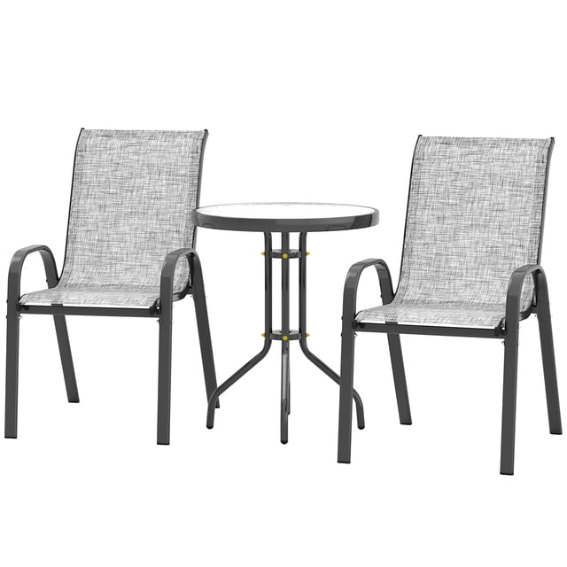 CoSoTower 3 Pieces Bistro Set, Small Patio Furniture Set with Stackable Mesh Chairs, Glass Table for Garden, Balcony, Grey