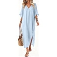 thumbnail image 5 of Tqcoqu Women's Beach Vacation Midi Dresses,V Neck Side Slit Kaftan Cover Up Dress,Light Blue Women's S-XXXL, 5 of 10