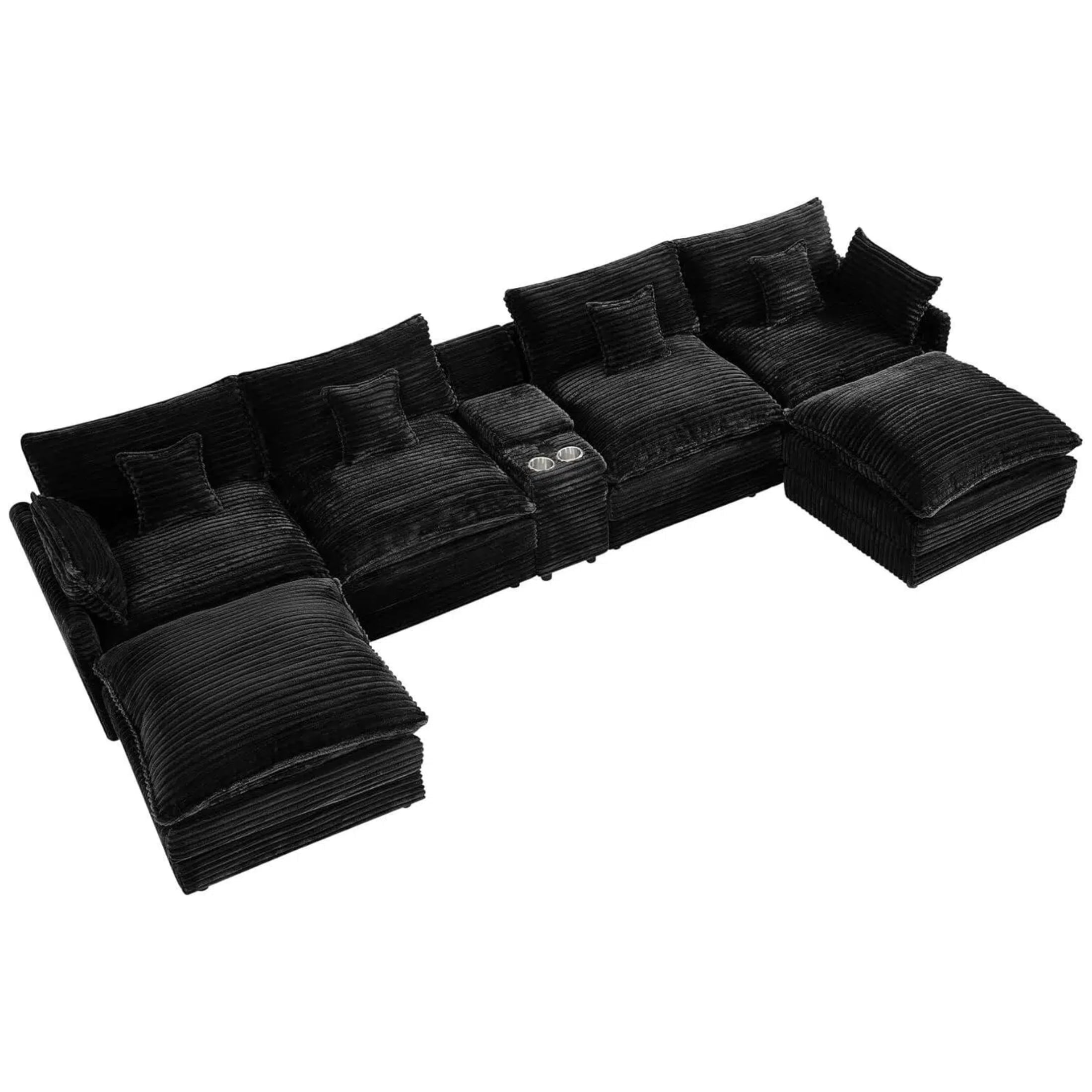 Aisword 145" U Shaped Cloud Couch Sectional with USB Charging, Hidden Storage, Cup Holders & Chenille Double Chaise, Black
