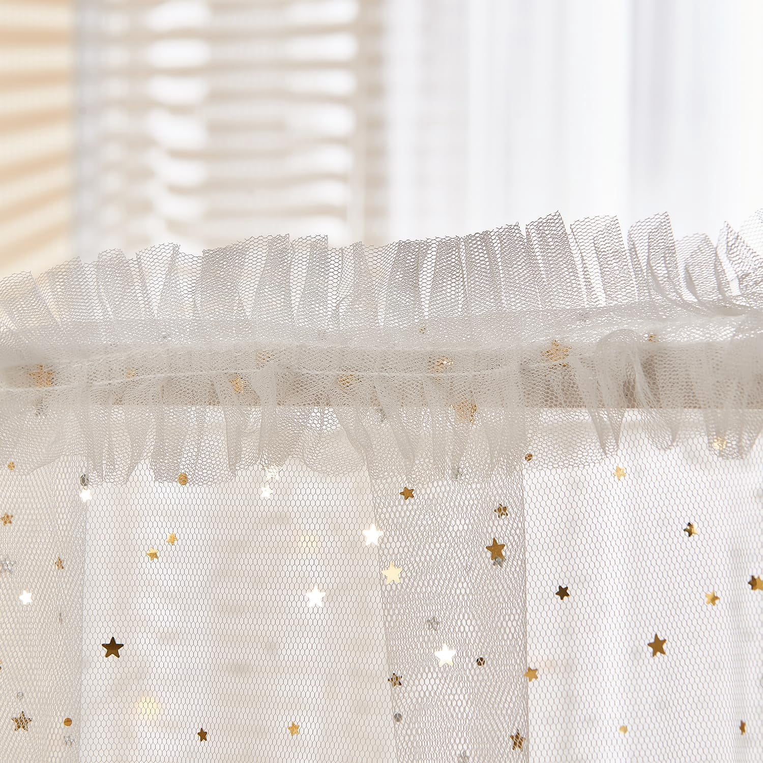 White Shiny Bed Canopy with Lights for Girls Kids, 4 Corner Post Moon Stars Sequin Princess Canopy Bed Curtains for Bedroom Decor (Twin, White)