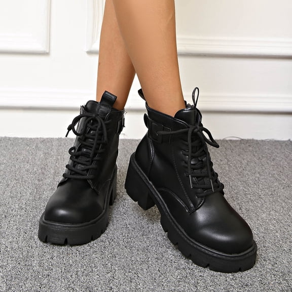 AVRNLIQ Black Chunky Platform Combat Boots for Women - Size 42, PU Material, Lace-Up Buckle, Easy-Care & All-Day Comfort for Casual Daily Wear
