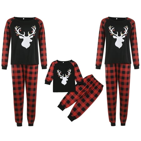 

BrilliantMe Christmas Family Matching Pajamas Set Parent-child Elk Raglan T-shirt Plaid Pants Homewear Set