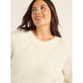 thumbnail image 3 of Free Assembly Women's & Women's Plus Embroidered Flower Sweater with Long Sleeves, Midweight, Sizes XS-4X, 3 of 5