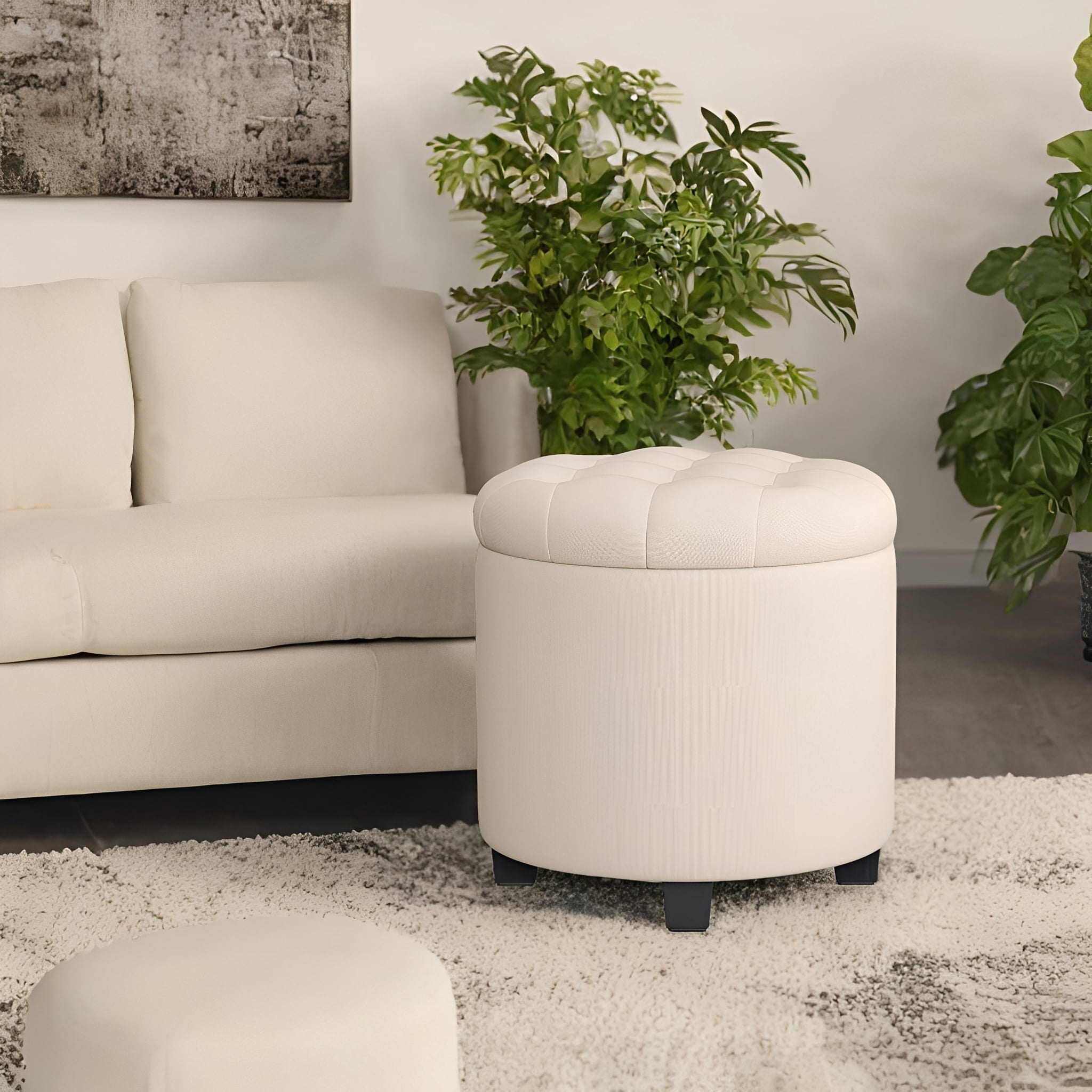 LEDREM Round Storage Ottoman - 17.7" Foot Rest with Hidden Storage, 330lb Capacity, Linen-Look Upholstery, Non-Slip Feet - for Living Room, Bedroom, Light Beige
