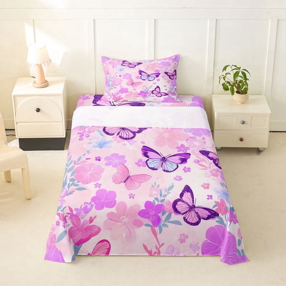 Erosebridal Flying Butterflies Twin Sheet Sets 3pcs For Teens,Girls Spring Garden Flowers Bedding,Pink Purple