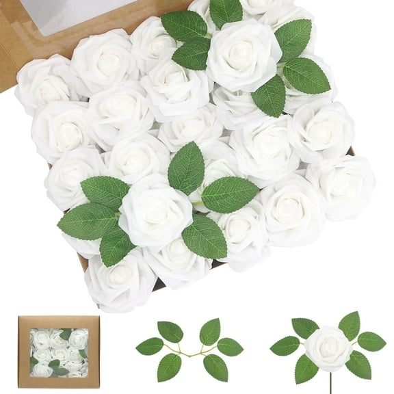 Artificial Flowers White Roses 25PCS Real Looking Foam Fake Roses with Leaves for DIY Wedding Bouquets Bridal Shower Party Decorations