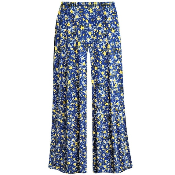 Plus size Royal Blue Floral Dressed Up Slinky Palazzo Capri Pants