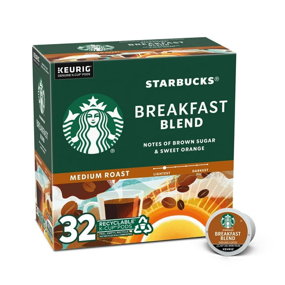 2X - Starbucks K-Cup Coffee Pods, Medium Roast Coffee, Breakfast Blend, 100% Arabica, 1 Box (32 Pods)